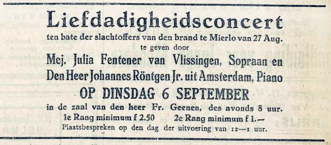 Aankondiging concert Julia Fentener van Vlissingen met haar verloofde de pianist Johannes Röntgen. liefdadigheidsconcert